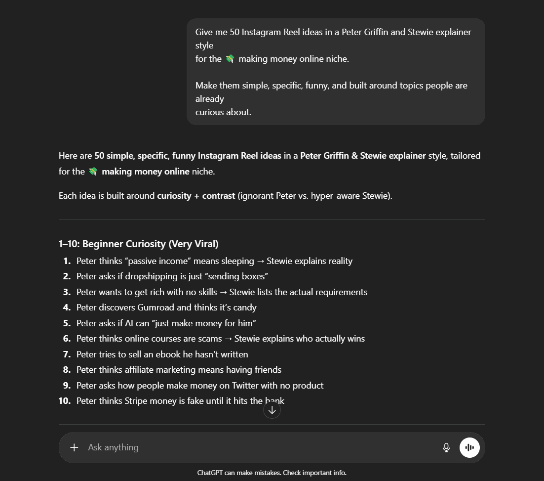 Screenshot of the list of generated Family Guy-style Instagram Reel ideas