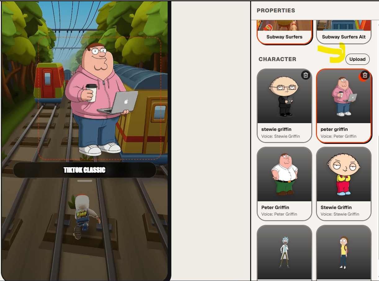 Screenshot of the Brainrot Shorts editor with the Properties panel open to the Character section