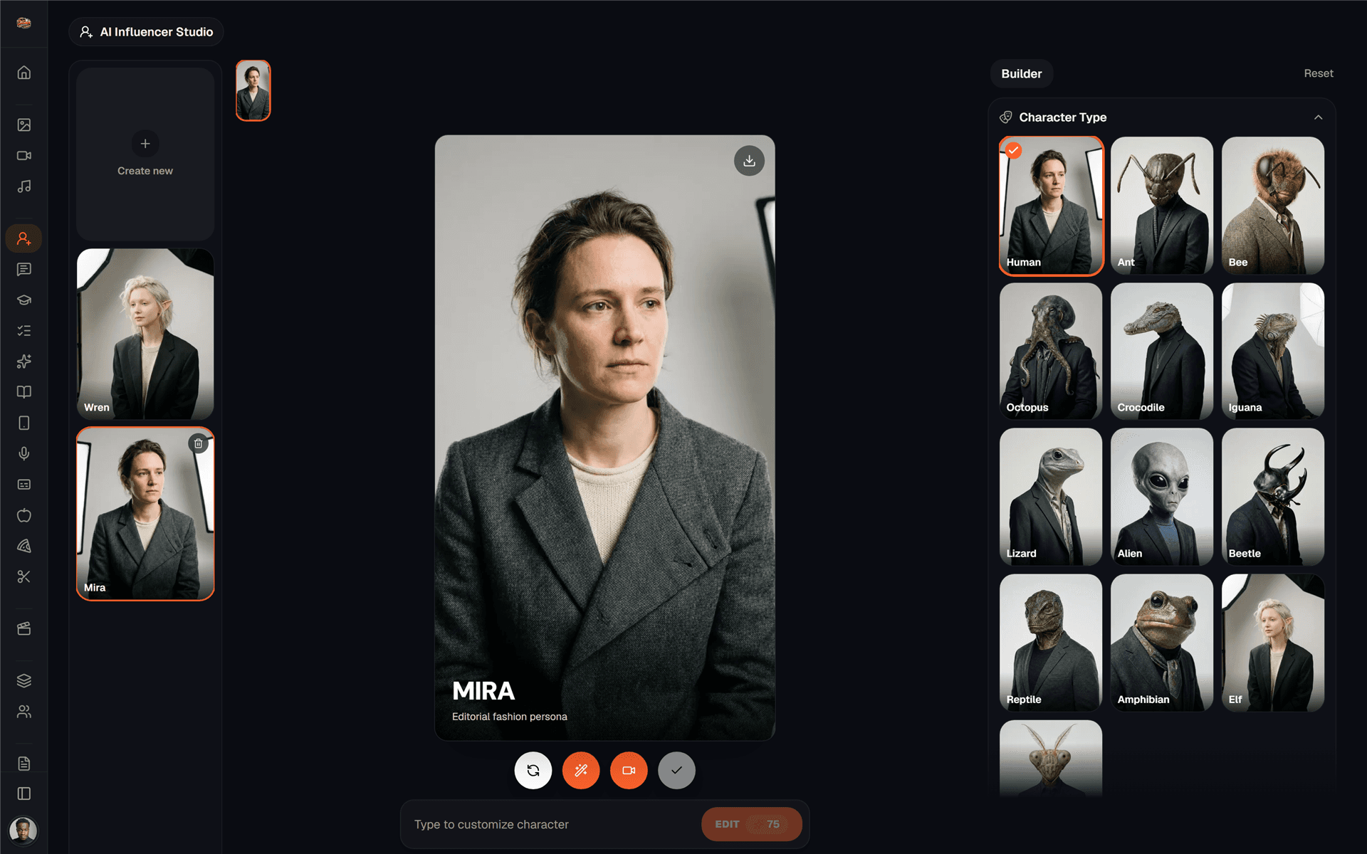 AI Influencer Studio interface — saved characters rail, 9:16 preview canvas, and the character builder with 13 character types