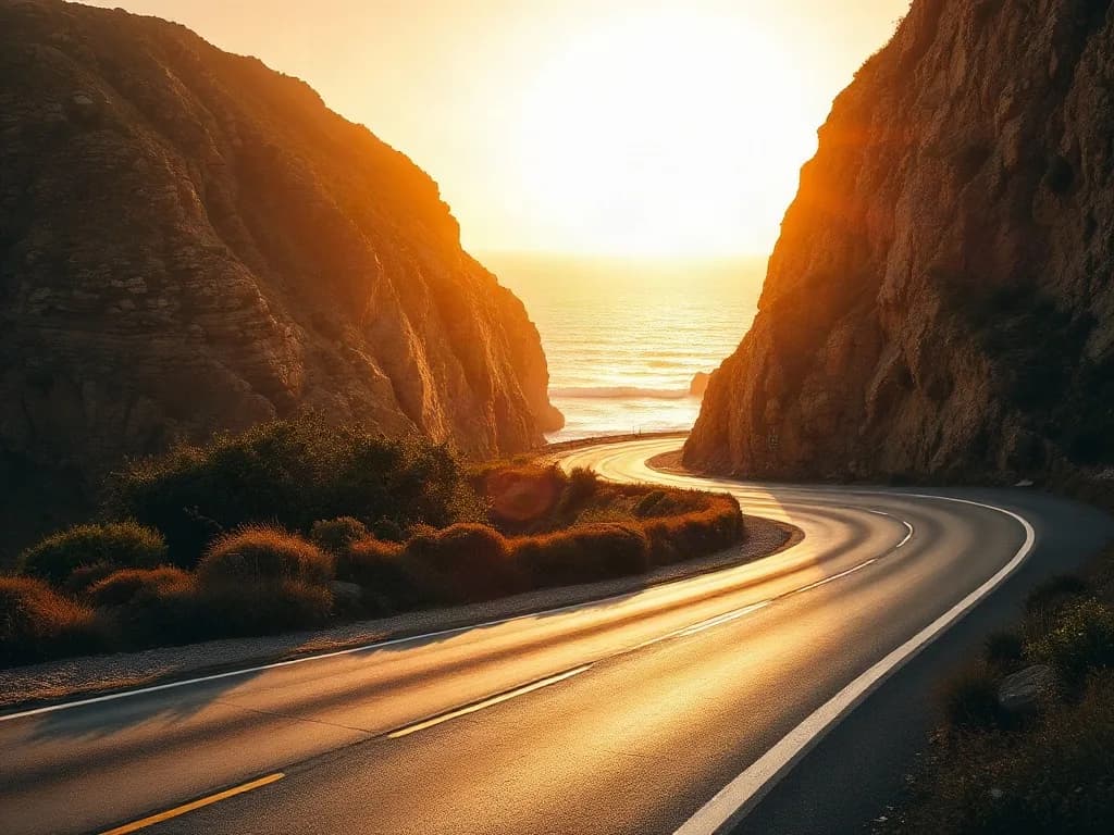 A coastal road winding along cliffs in warm golden-hour light