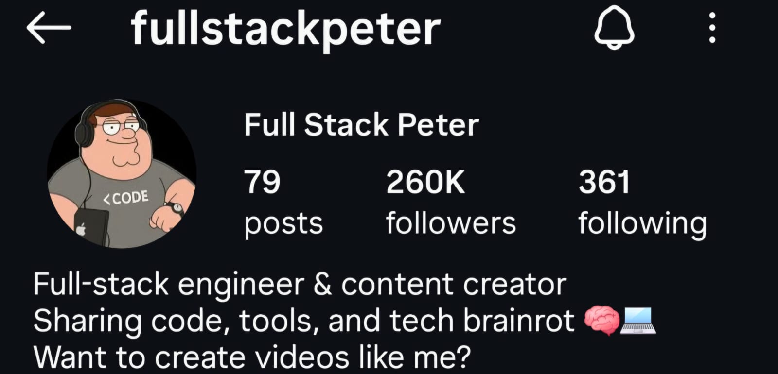 Full Stack Peter Instagram profile