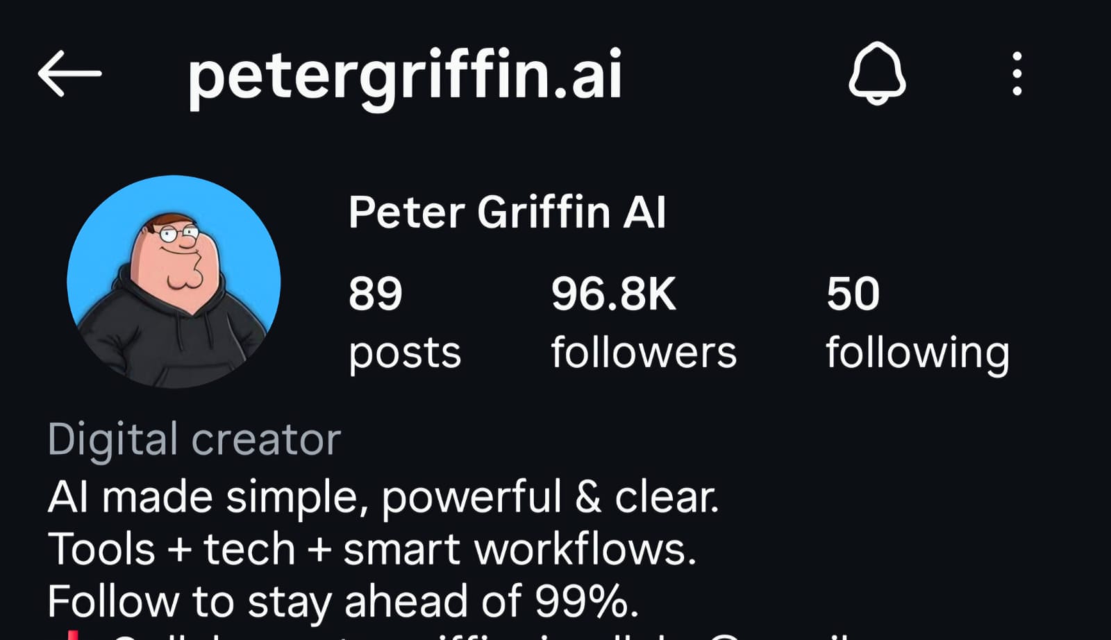 Peter Griffin AI Instagram profile