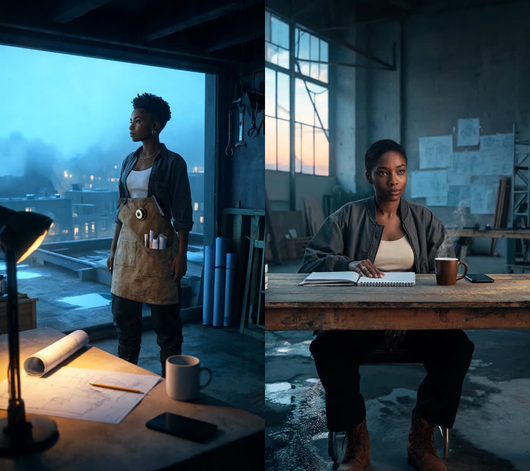 Two AI music videos generated from the same song — a rooftop workshop at blue hour, and a flooded warehouse studio